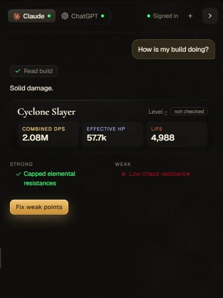 The assistant panel answering 'How is my build doing?' with a build card: strong capped elemental resistances, weak low chaos resistance, and a Fix weak points button.