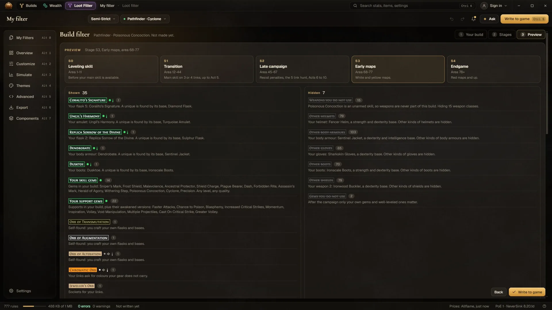The build filter preview for a Pathfinder using Poisonous Concoction at the early-maps stage: 35 rules shown, such as the build's uniques and skill gems, and 7 hidden, such as weapon classes the build never uses.