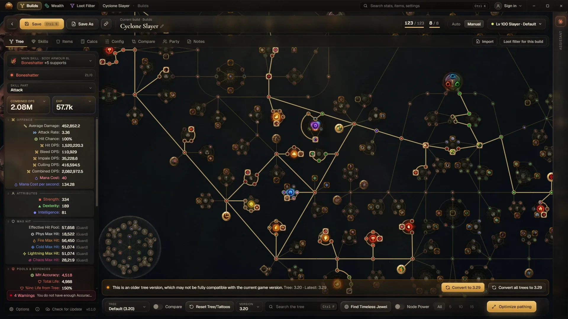 Path of Mastery with a Cyclone Slayer build open: the passive tree in the centre and the stat sidebar on the left showing 2.08M combined DPS and 57.7k effective hit pool.